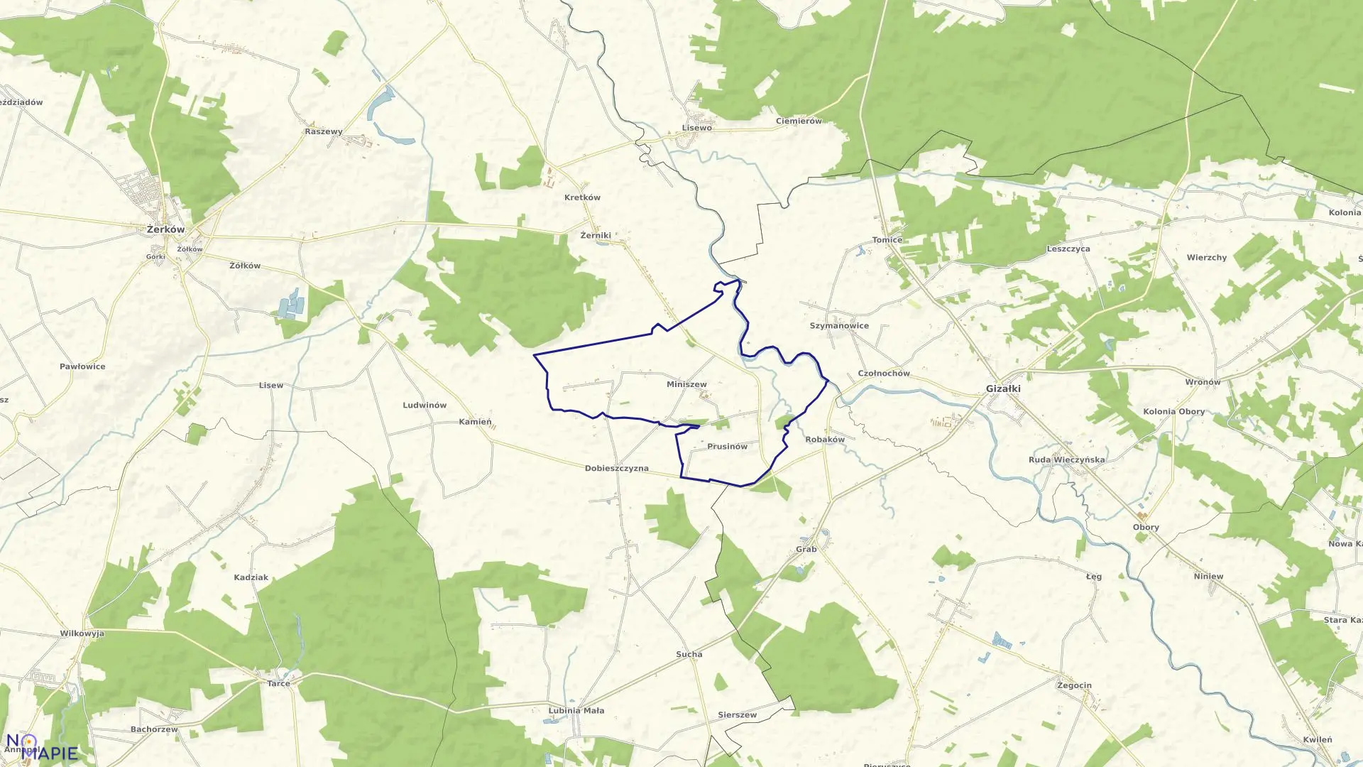 Mapa obrębu PRUSINÓW-MINISZEW w gminie Żerków